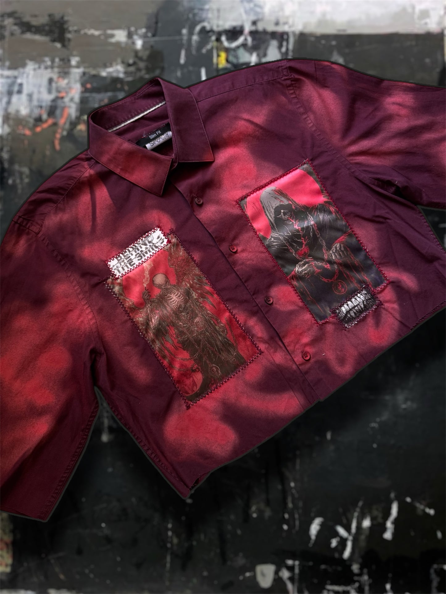 Sprayed light dark red shirt with art pictures
