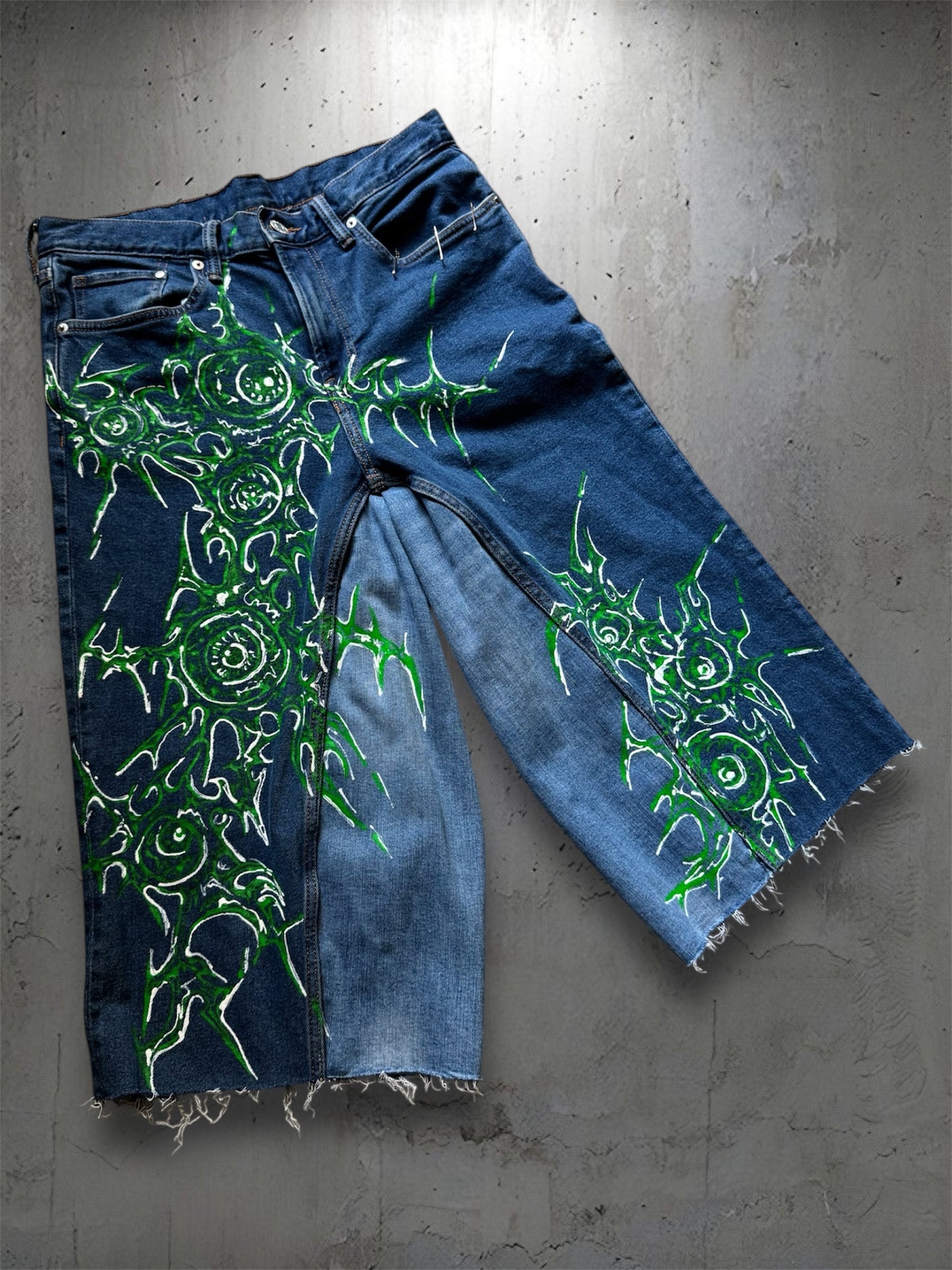 “Eye virus” 1/1 blue upcycled hand painted jorts