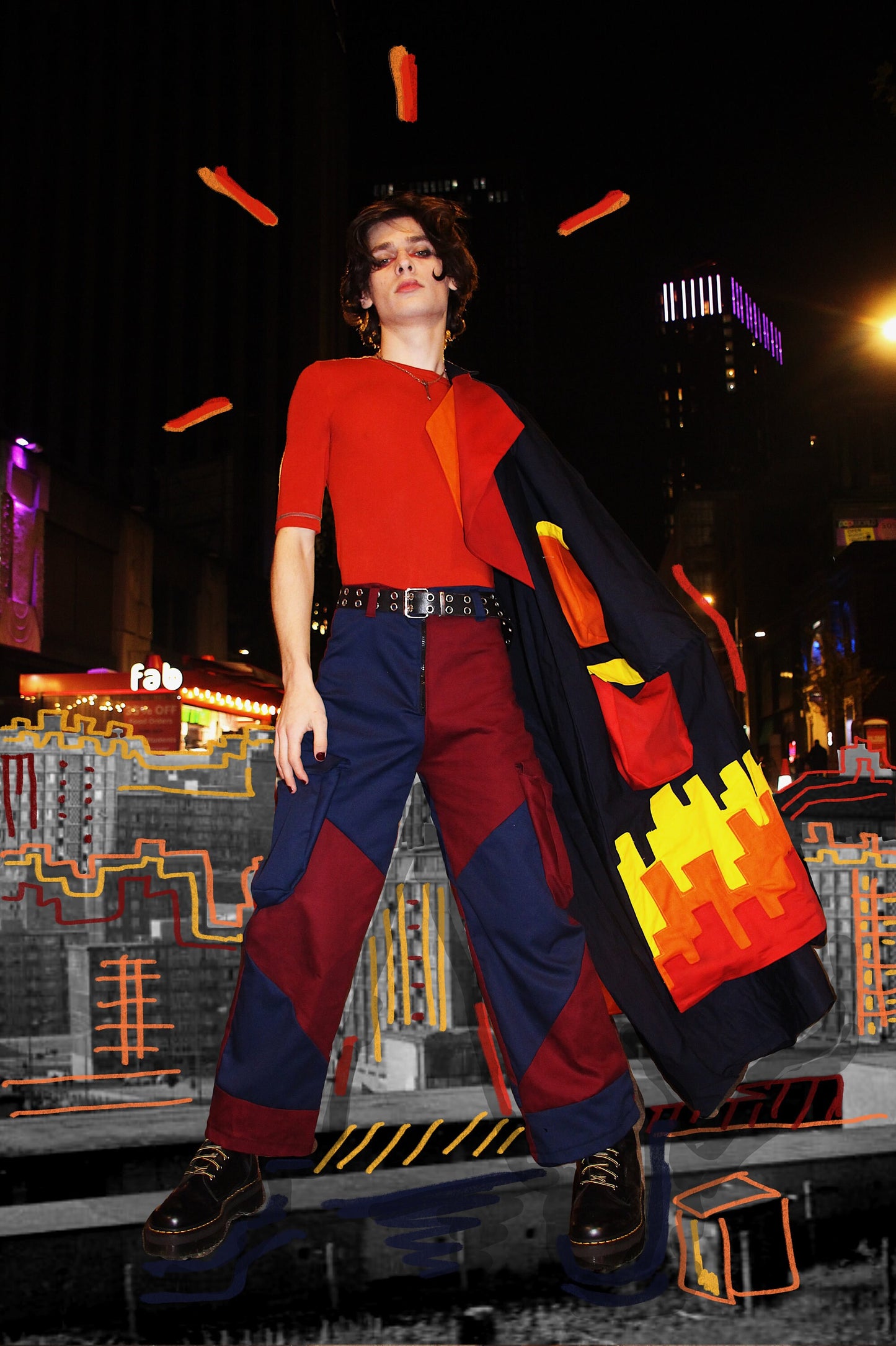One of a kind colourful long coat - designer piece - 3D pockets