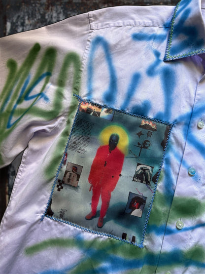 Sprayed light purple shirt with art pictures