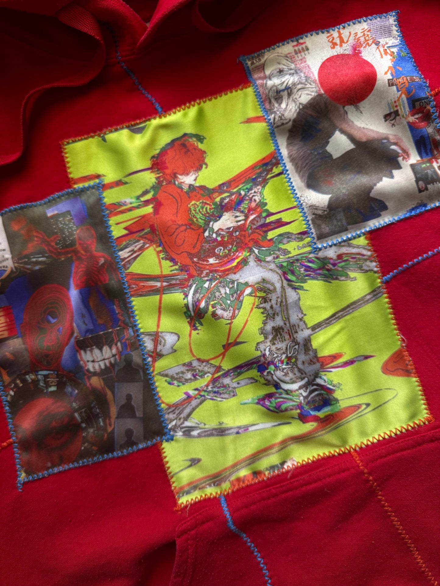 “George” red hoodie with stitched art