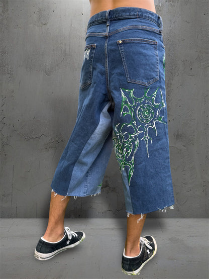 “Eye virus” 1/1 blue upcycled hand painted jorts