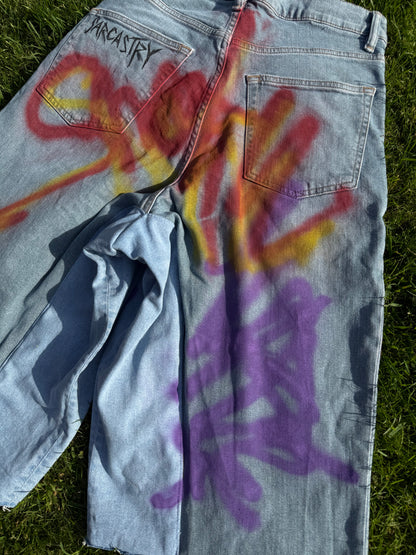 “Skater punk” 1/1 upcycled hand painted jorts