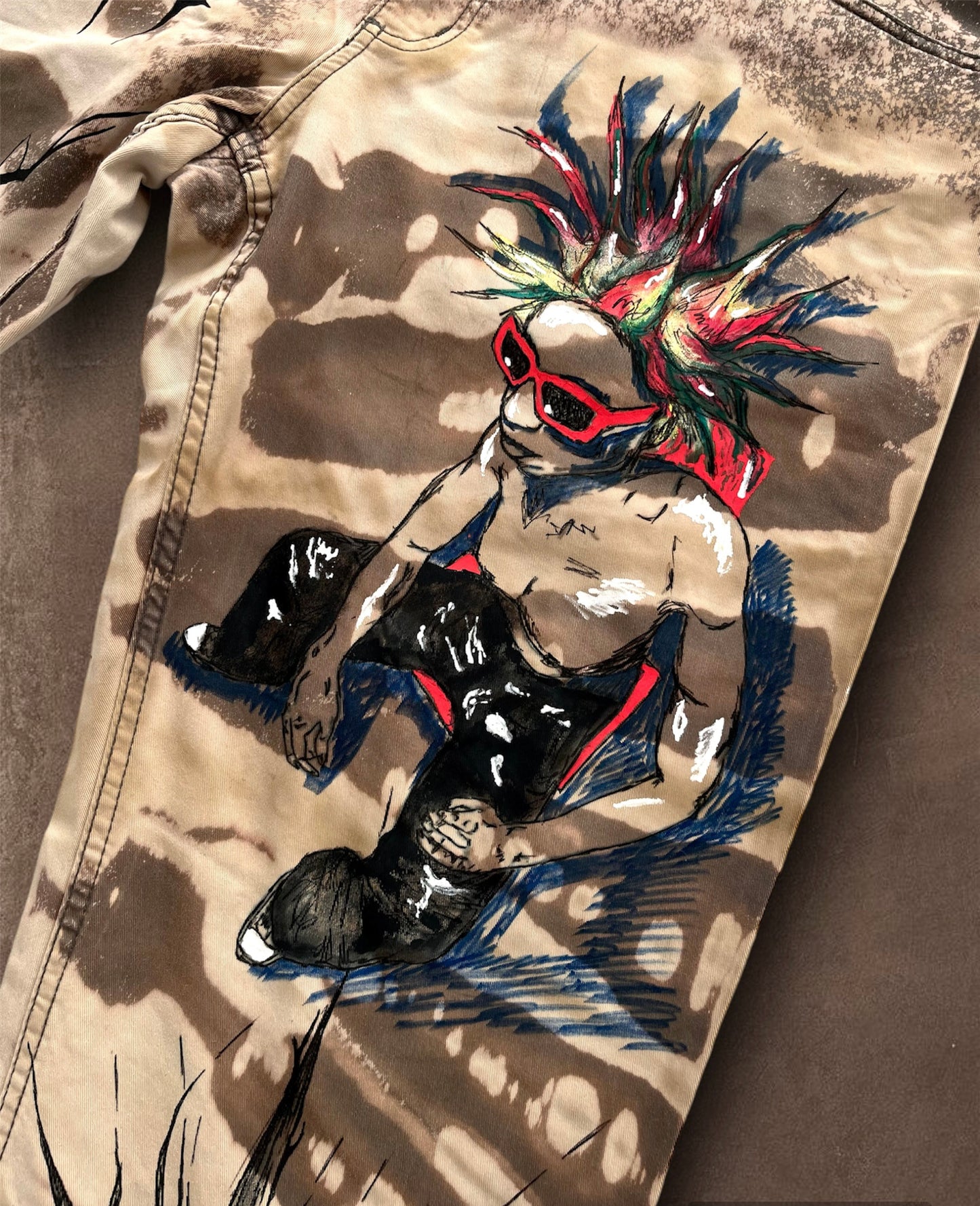 “Skull punk” bleached hand painted trousers