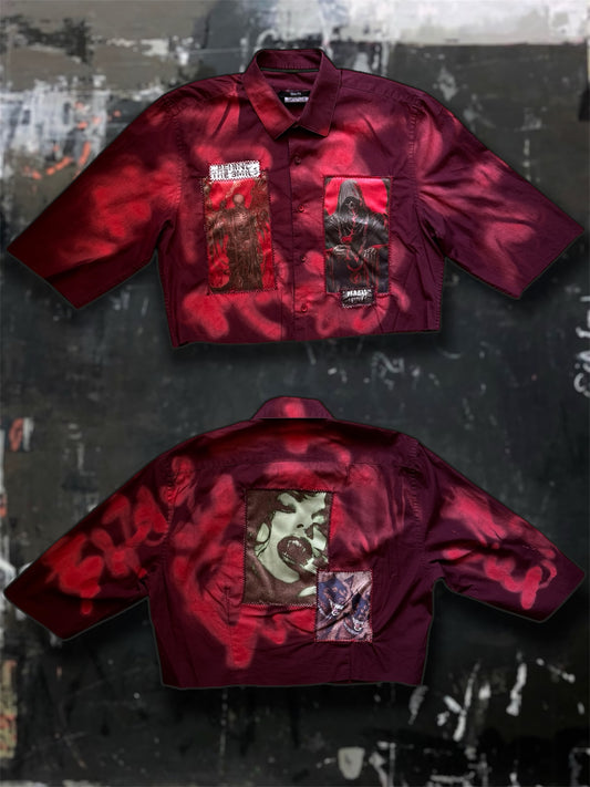 Sprayed light dark red shirt with art pictures