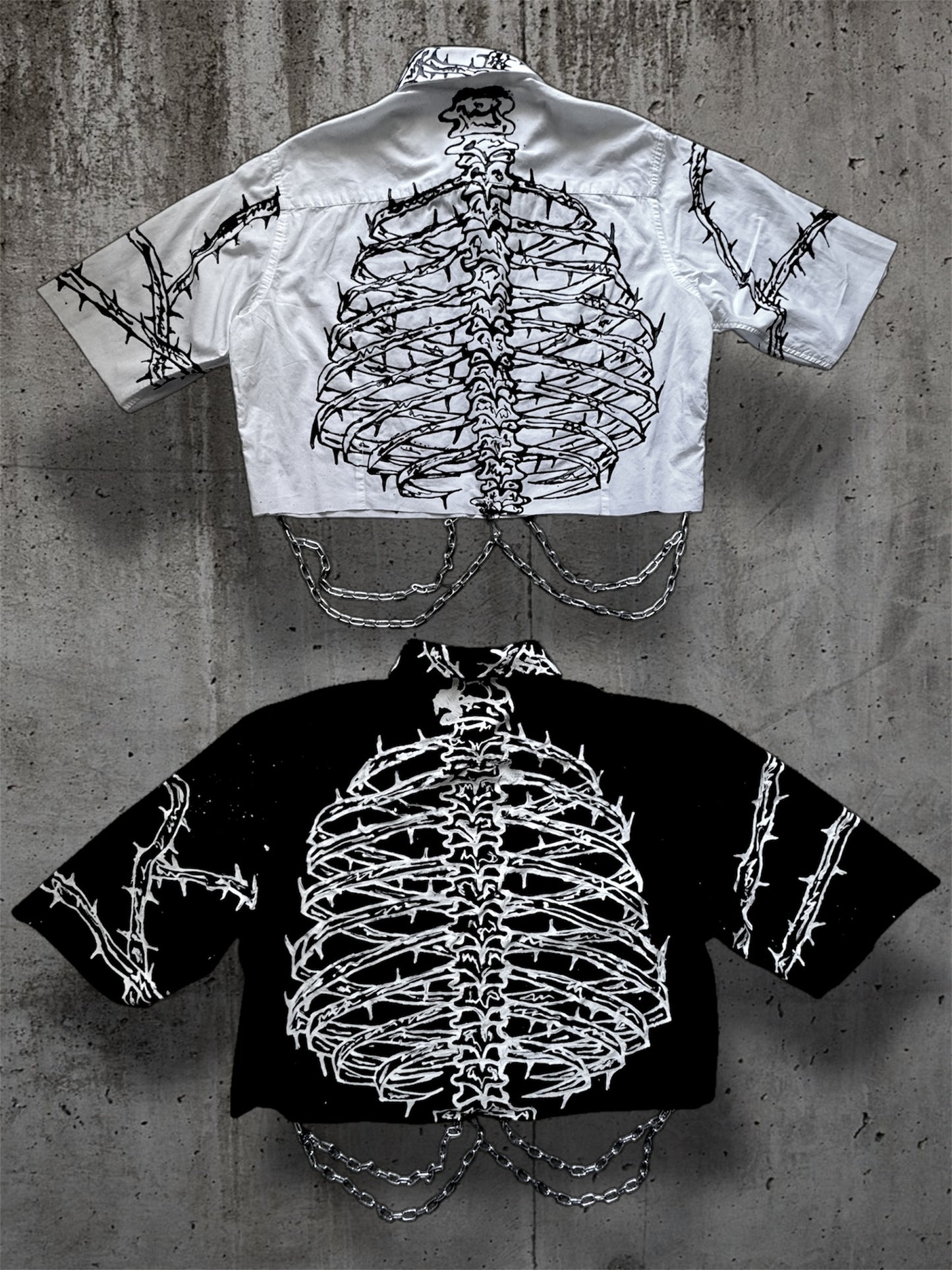 Cropped hand painted black shirt with chains “RIBS”