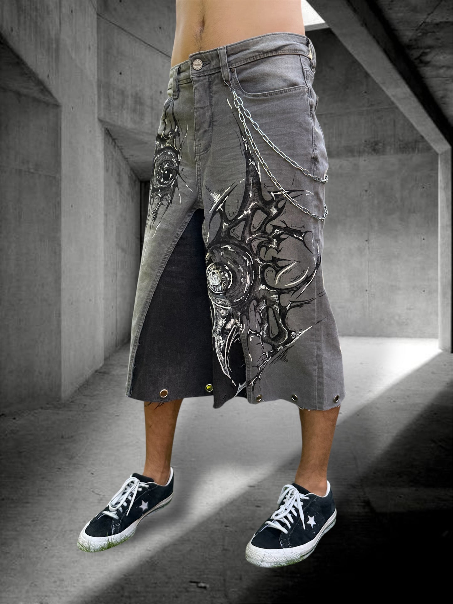 “Sharpeye” upcycled hand painted jorts