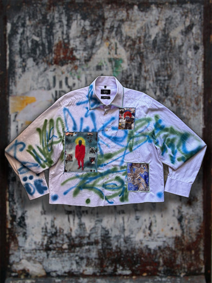 Sprayed light purple shirt with art pictures