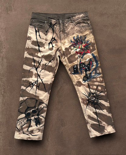 “Skull punk” bleached hand painted trousers