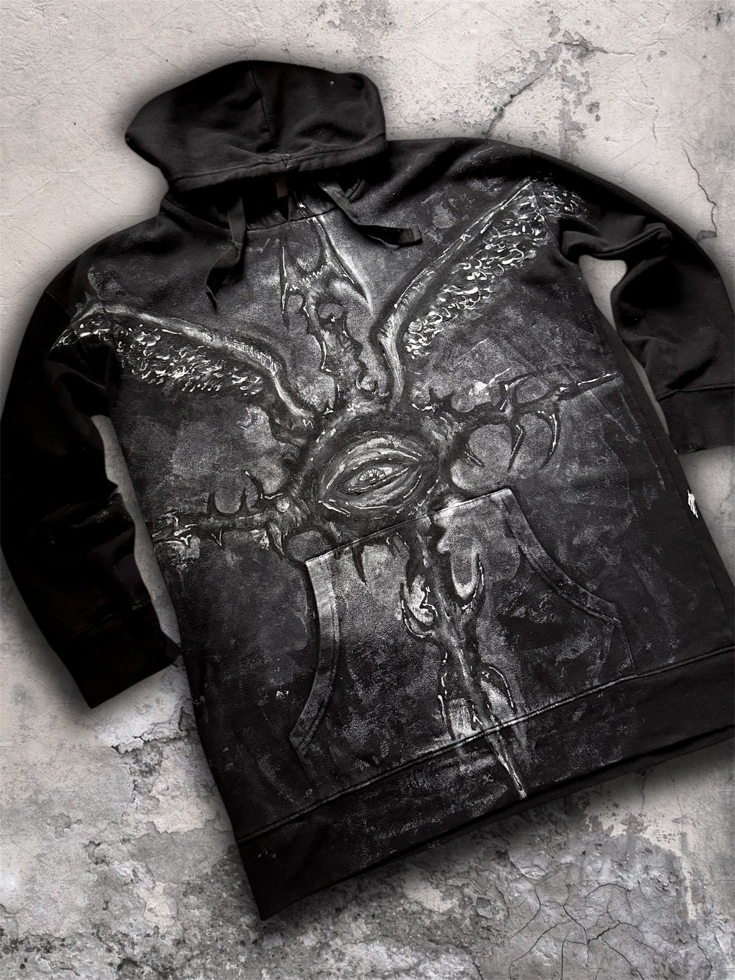 “Eye contact” hand painted black hoodie