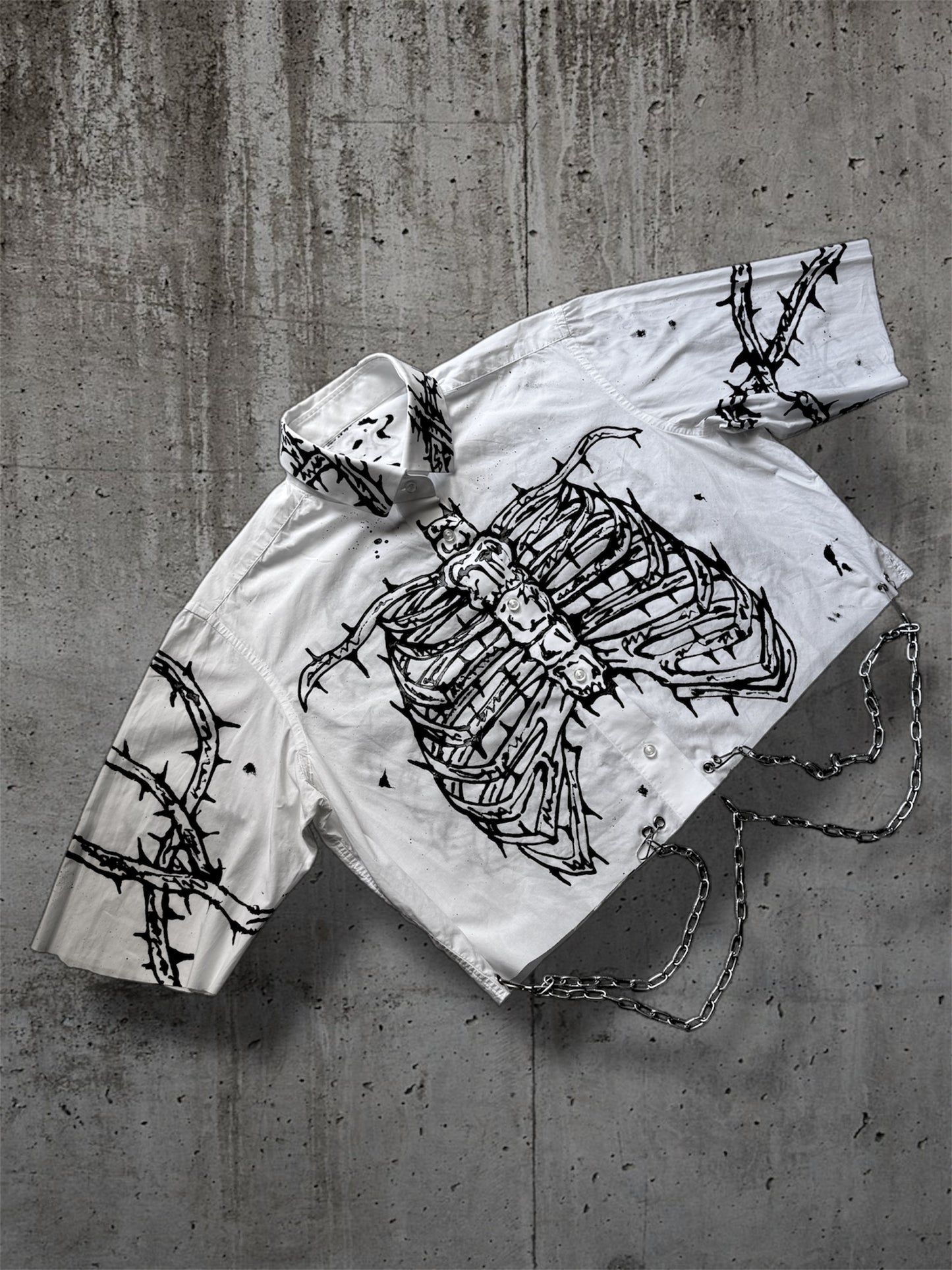 Cropped hand painted white shirt with chains “RIBS”
