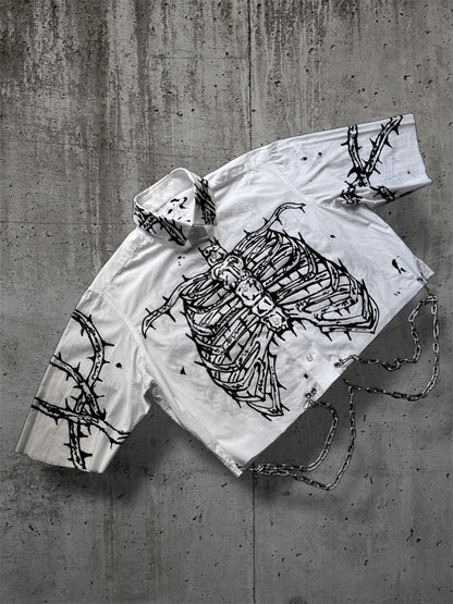 Cropped hand painted white shirt with chains “RIBS”