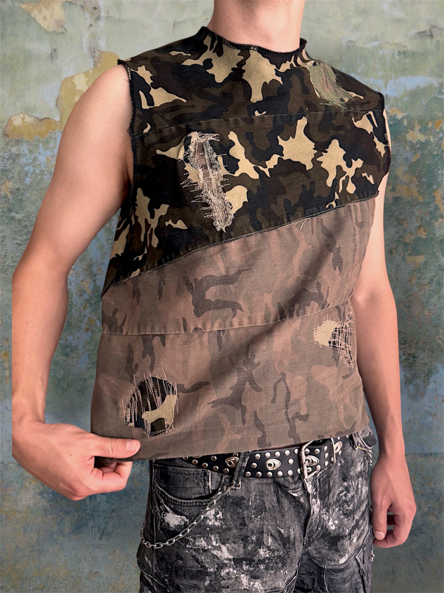 Camouflage upcycled denim top