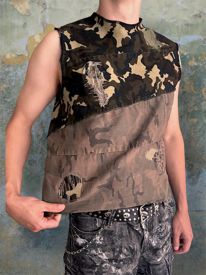 Camouflage upcycled denim top