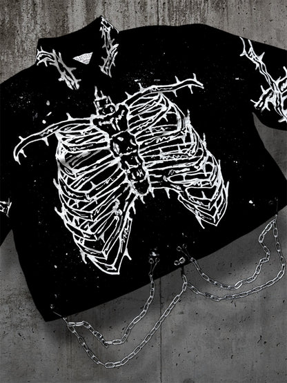 Cropped hand painted black shirt with chains “RIBS”