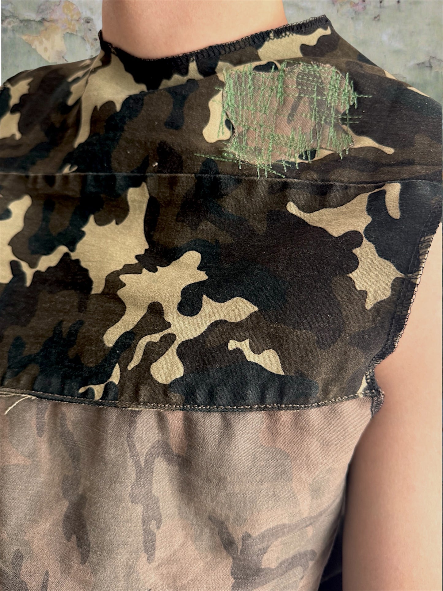 Camouflage upcycled denim top