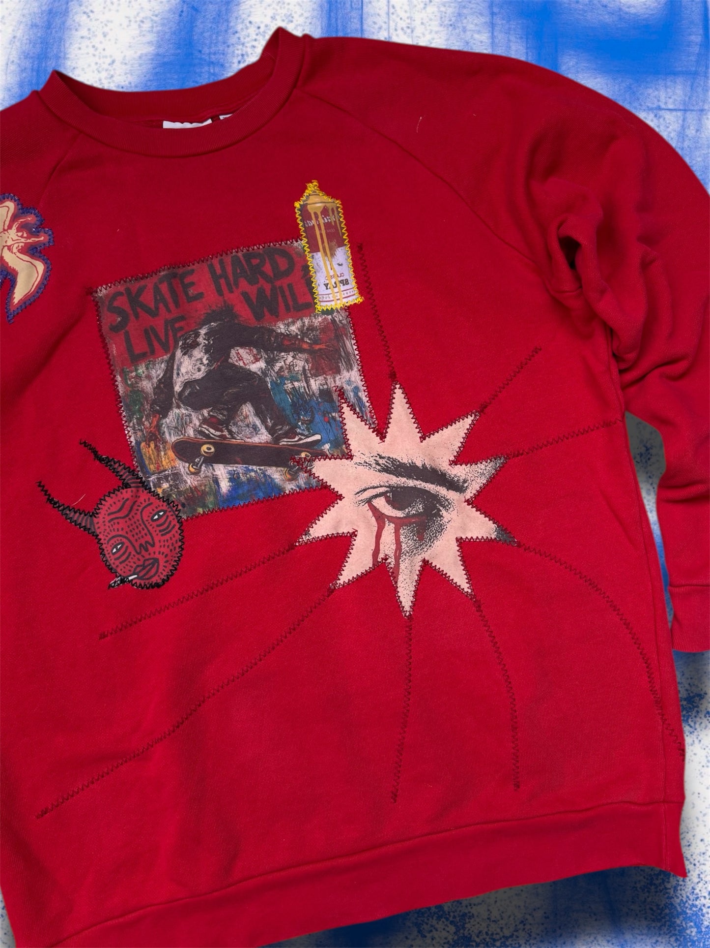 “Say cheese” upcycled red sweatshirt