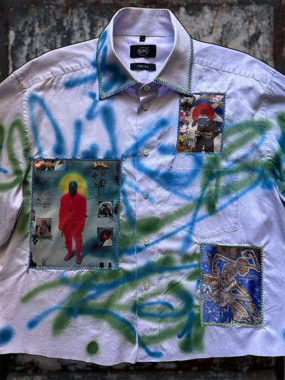 Sprayed light purple shirt with art pictures
