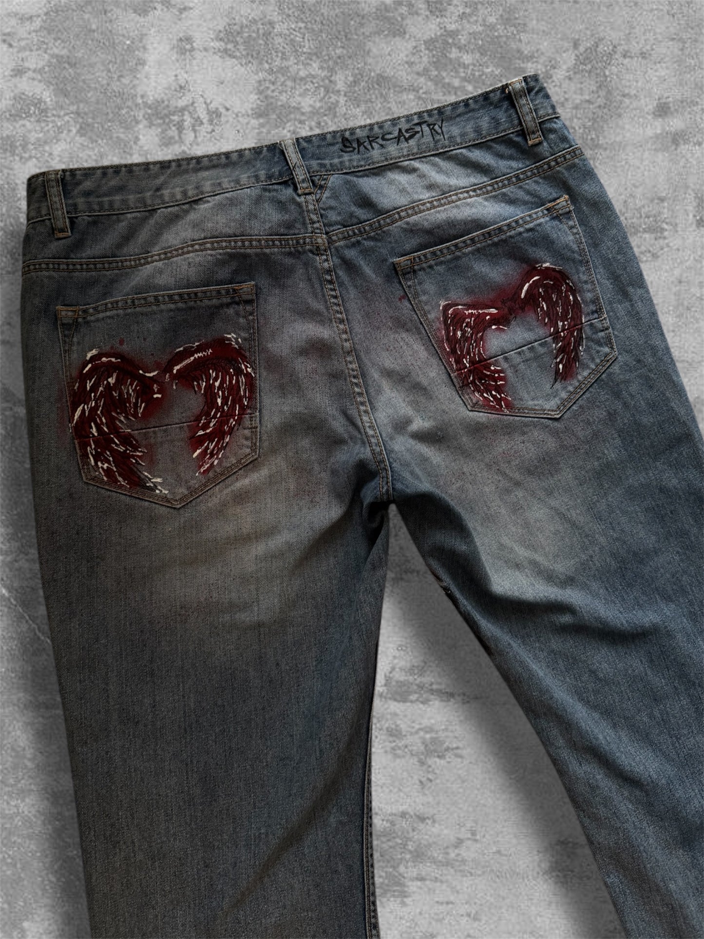 “Wings” Hand painted blue jeans