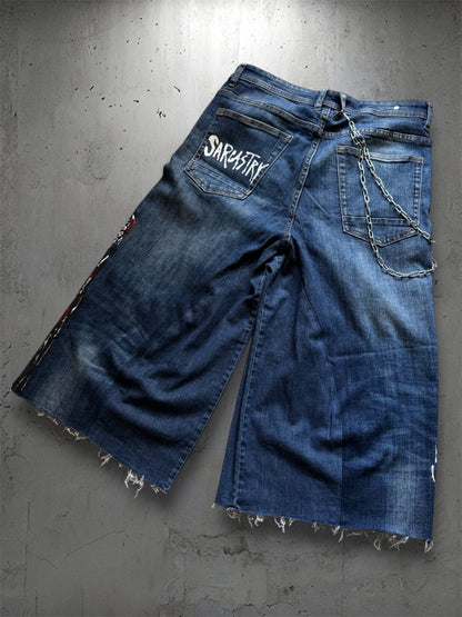 “Skull” 1/1 upcycled hand painted jorts