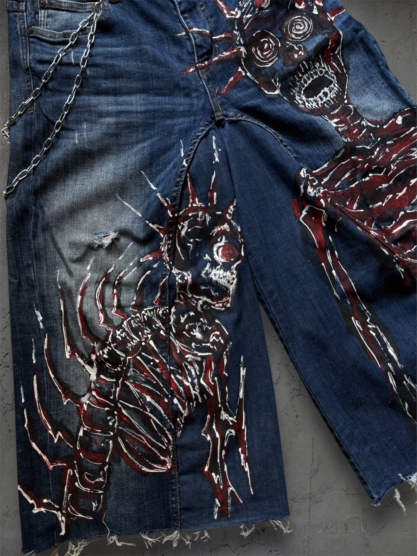 “Skull” 1/1 upcycled hand painted jorts