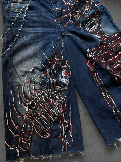 “Skull” 1/1 upcycled hand painted jorts