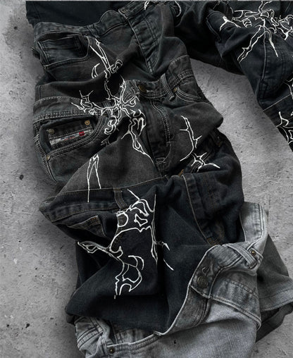 “Enchanted” 1 of 1 baggy draped jeans with 3D designs