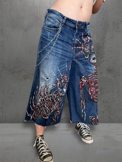 “Skull” 1/1 upcycled hand painted jorts