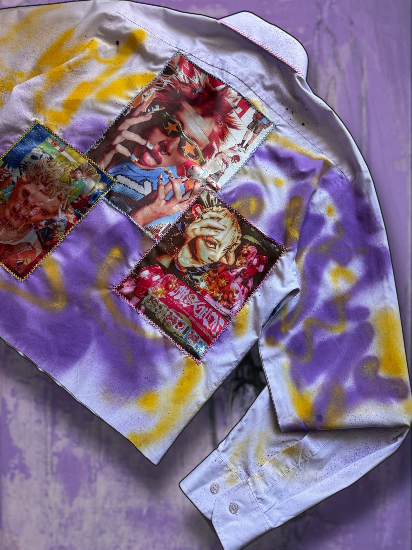 Sprayed light purple shirt with art pictures