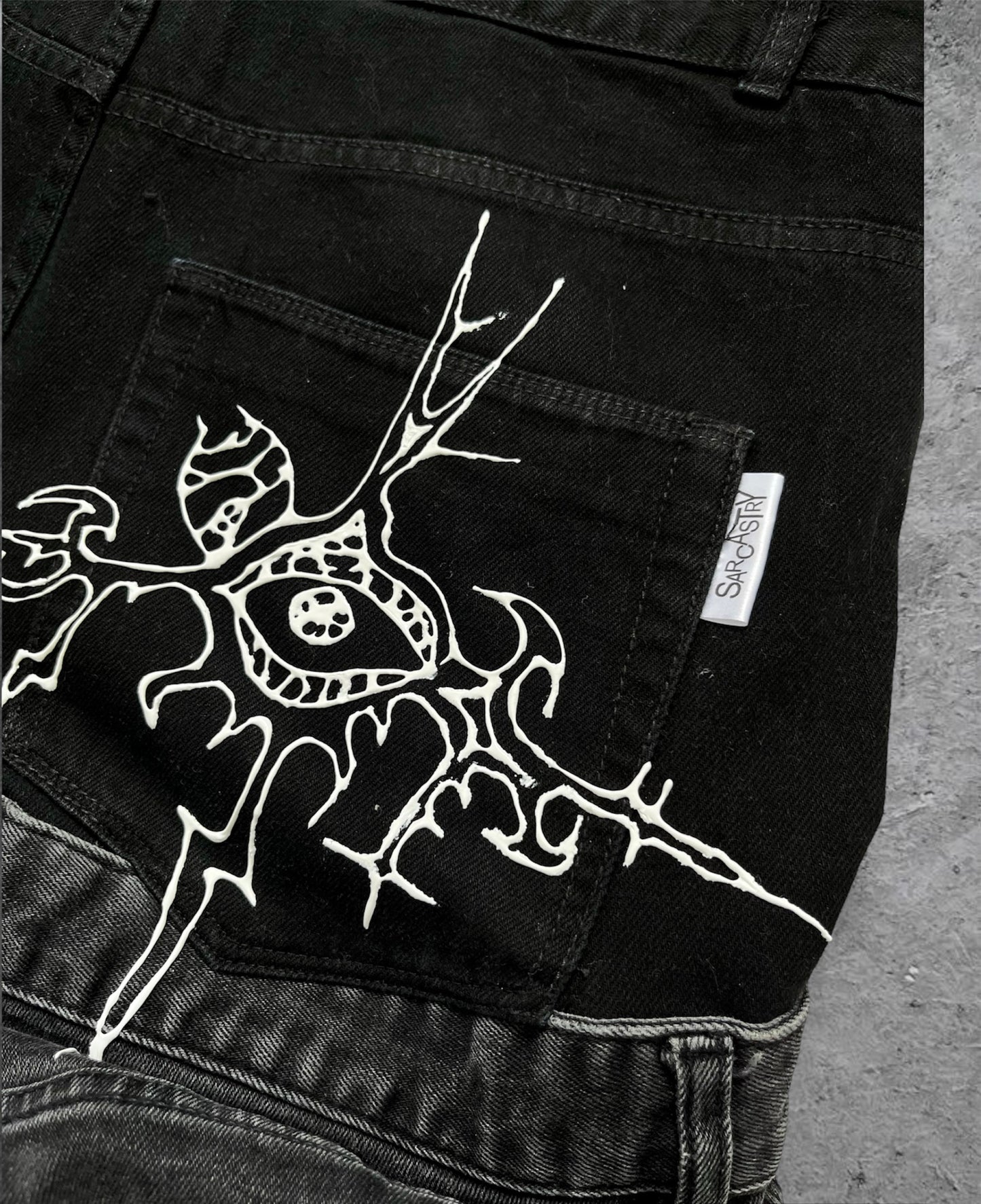 “Enchanted” 1 of 1 baggy draped jeans with 3D designs
