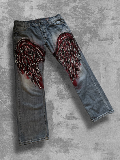 “Wings” Hand painted blue jeans