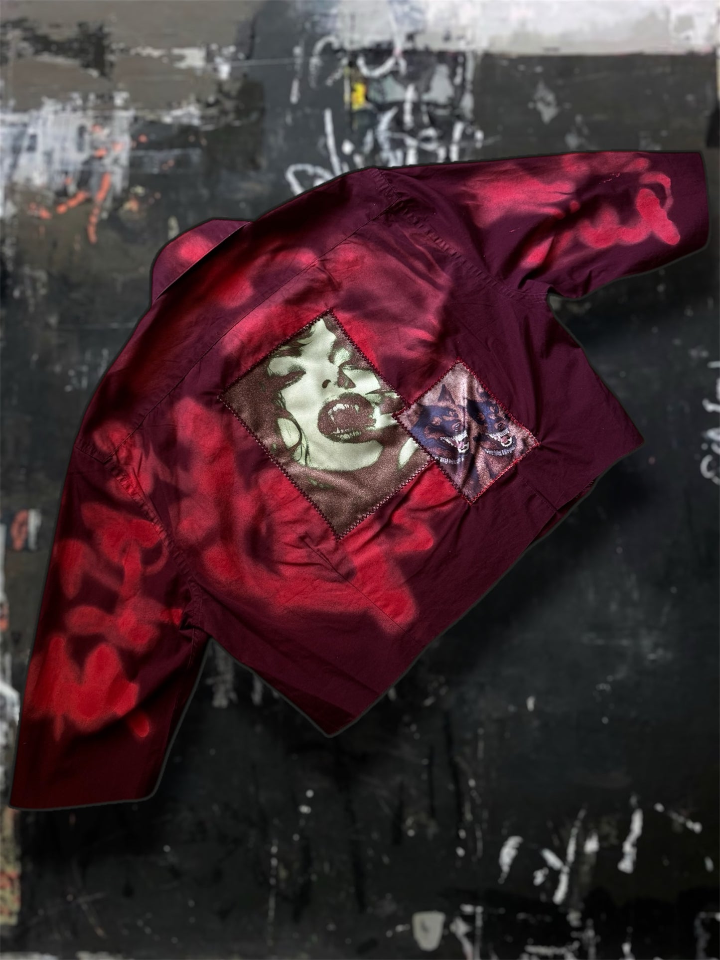 Sprayed light dark red shirt with art pictures