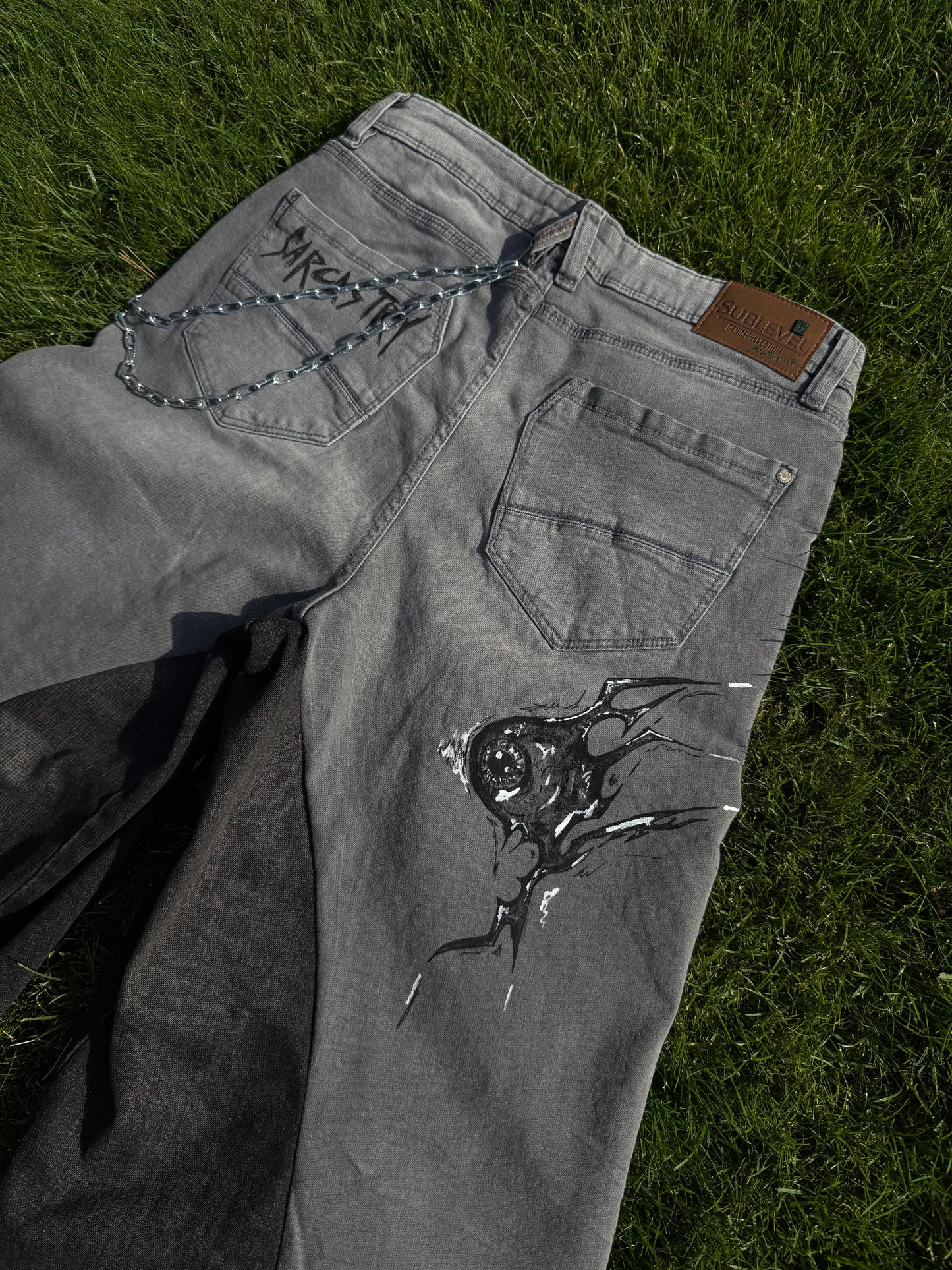“Sharpeye” upcycled hand painted jorts