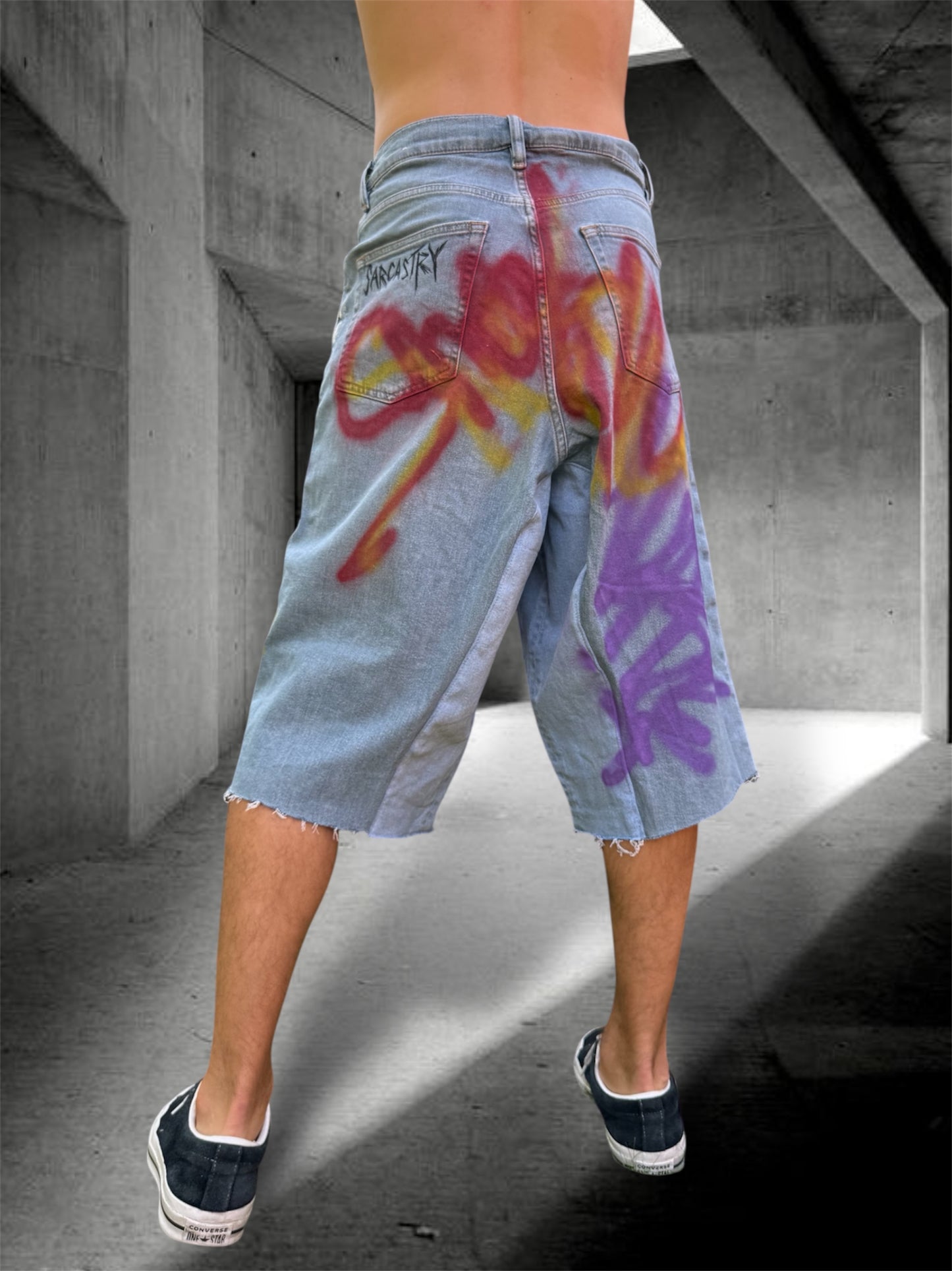“Skater punk” 1/1 upcycled hand painted jorts