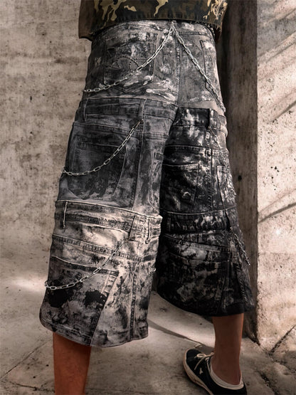 Black and gray baggy jorts with chains