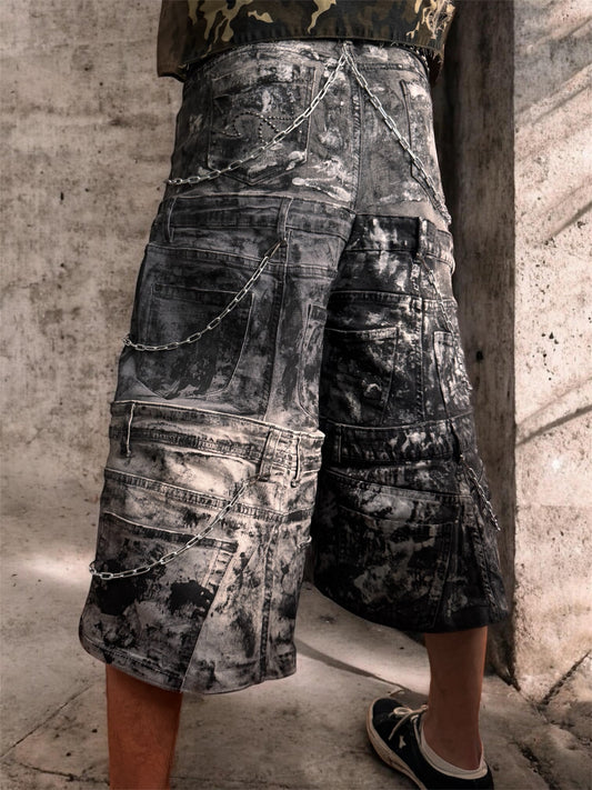 Black and gray baggy jorts with chains