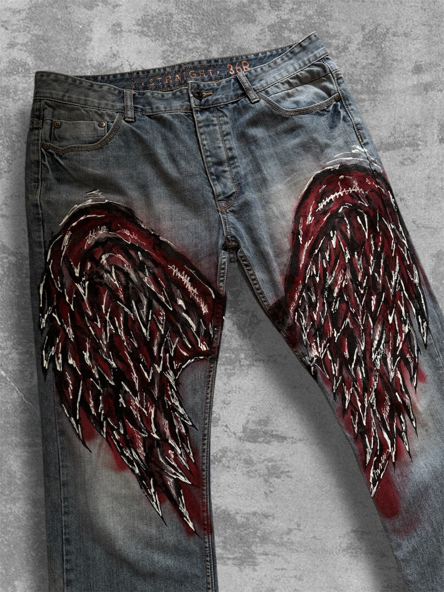 “Wings” Hand painted blue jeans