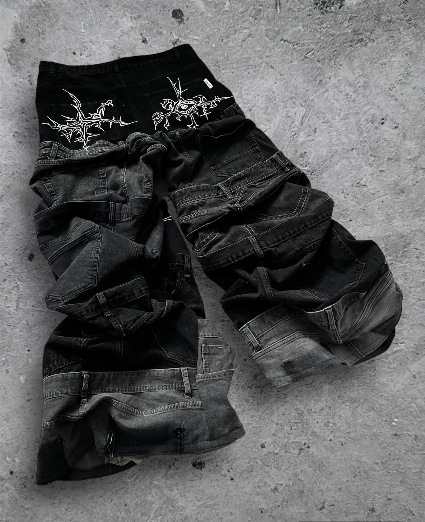 “Enchanted” 1 of 1 baggy draped jeans with 3D designs