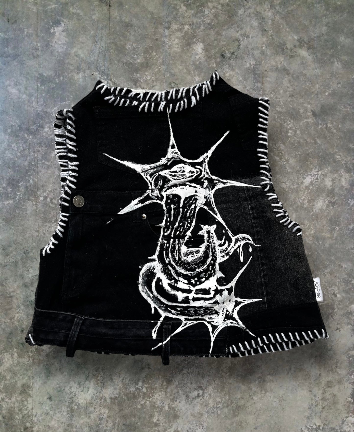 Upcycled denim top with print and embroidery