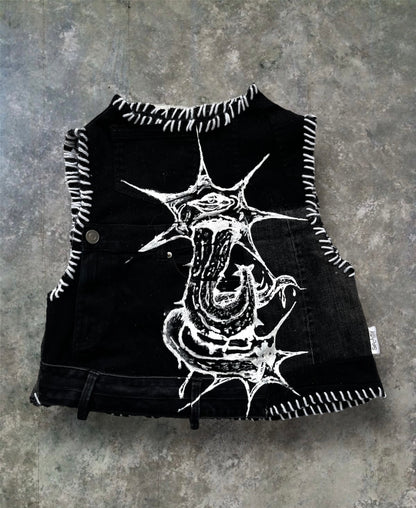 Upcycled denim top with print and embroidery