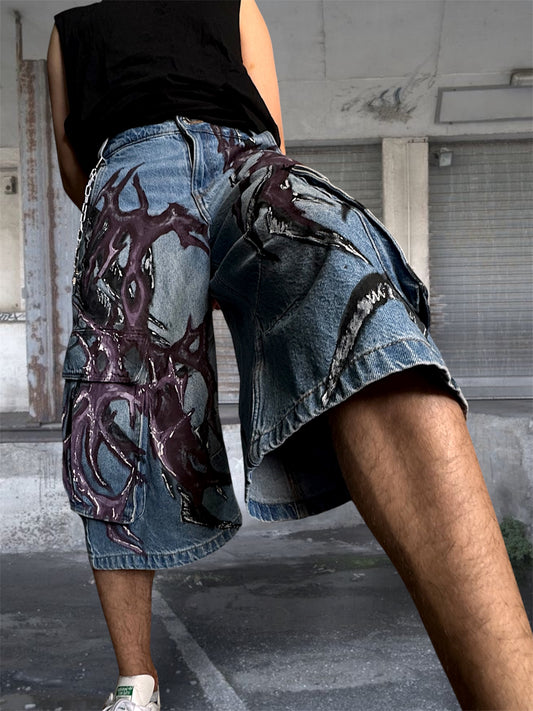 1/1 blue upcycled hand painted jorts