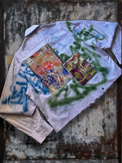 Sprayed light purple shirt with art pictures
