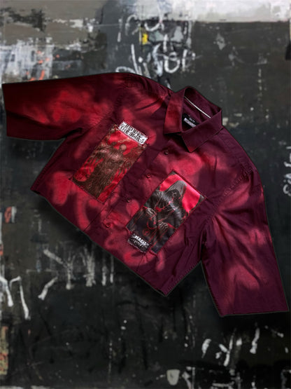 Sprayed light dark red shirt with art pictures