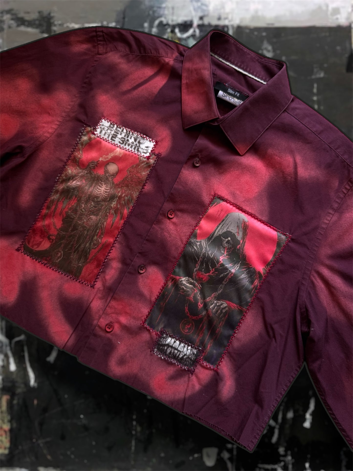 Sprayed light dark red shirt with art pictures