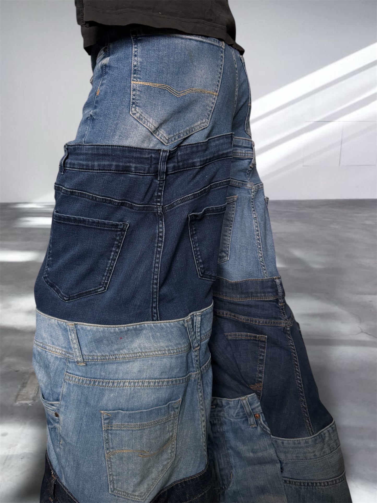 Baggy blue jeans created out of denim jeans tops