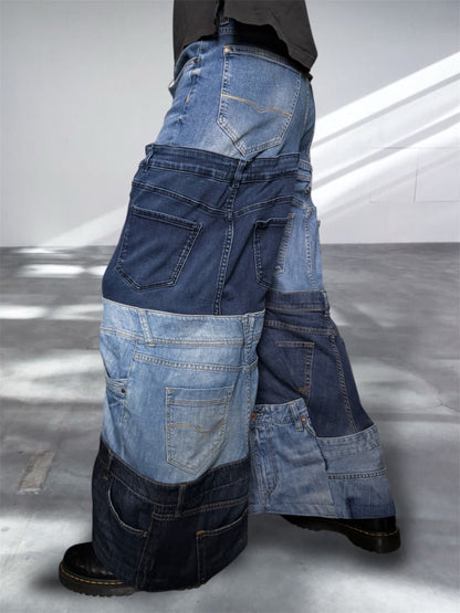 Baggy blue jeans created out of denim jeans tops