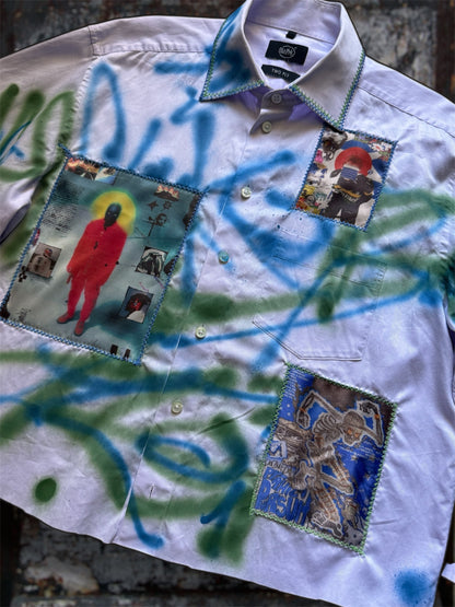 Sprayed light purple shirt with art pictures