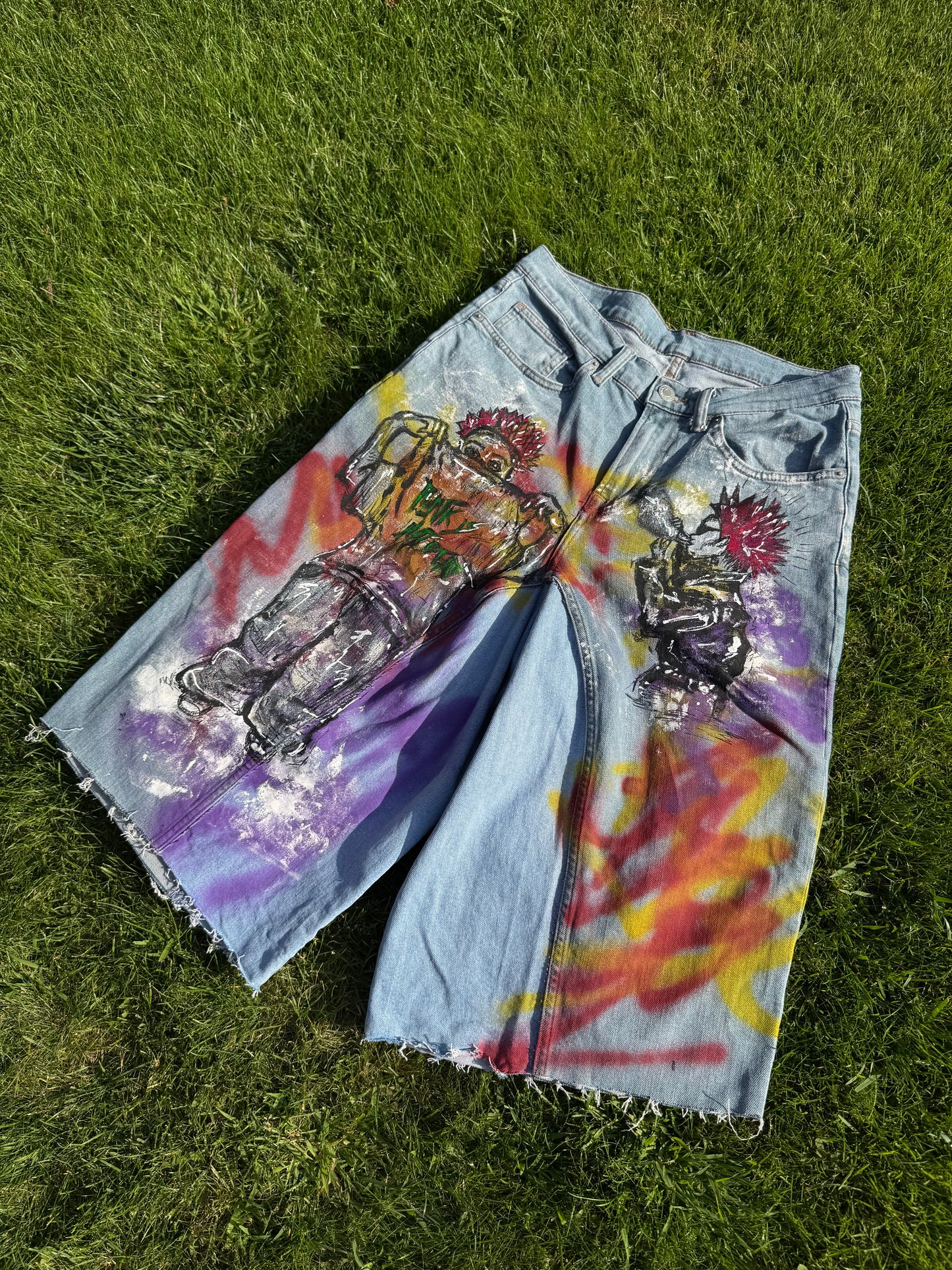 “Skater punk” 1/1 upcycled hand painted jorts
