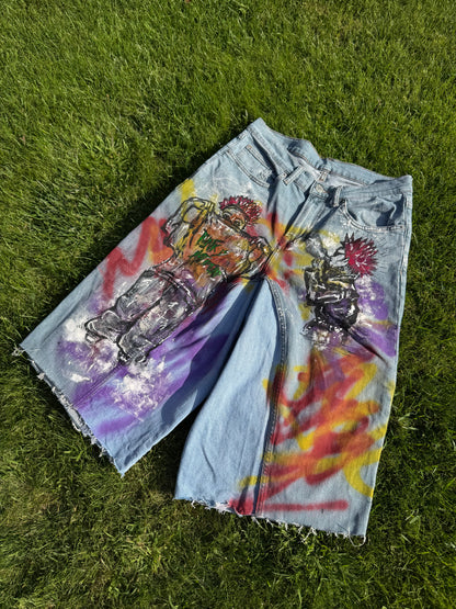 “Skater punk” 1/1 upcycled hand painted jorts