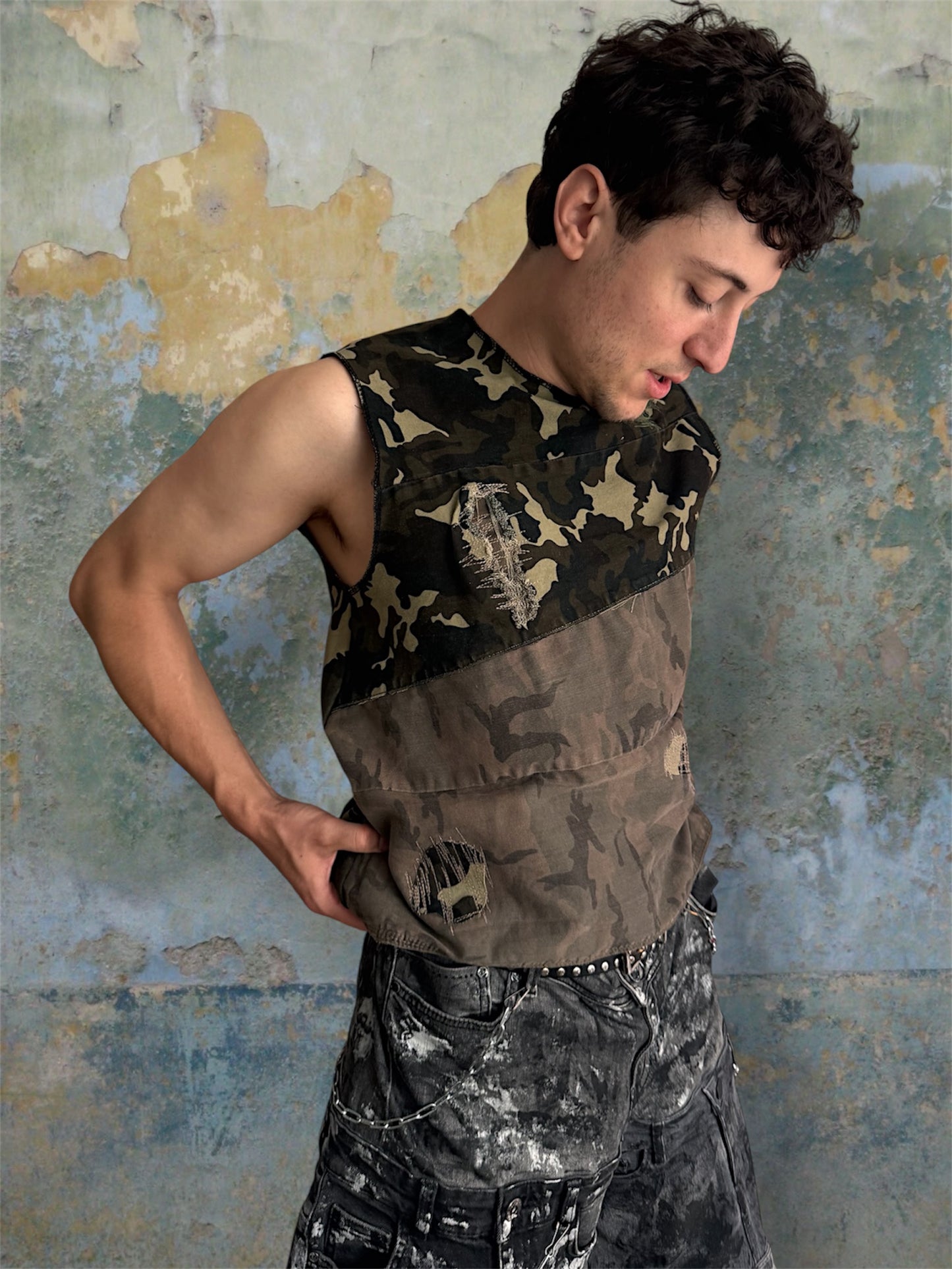 Camouflage upcycled denim top